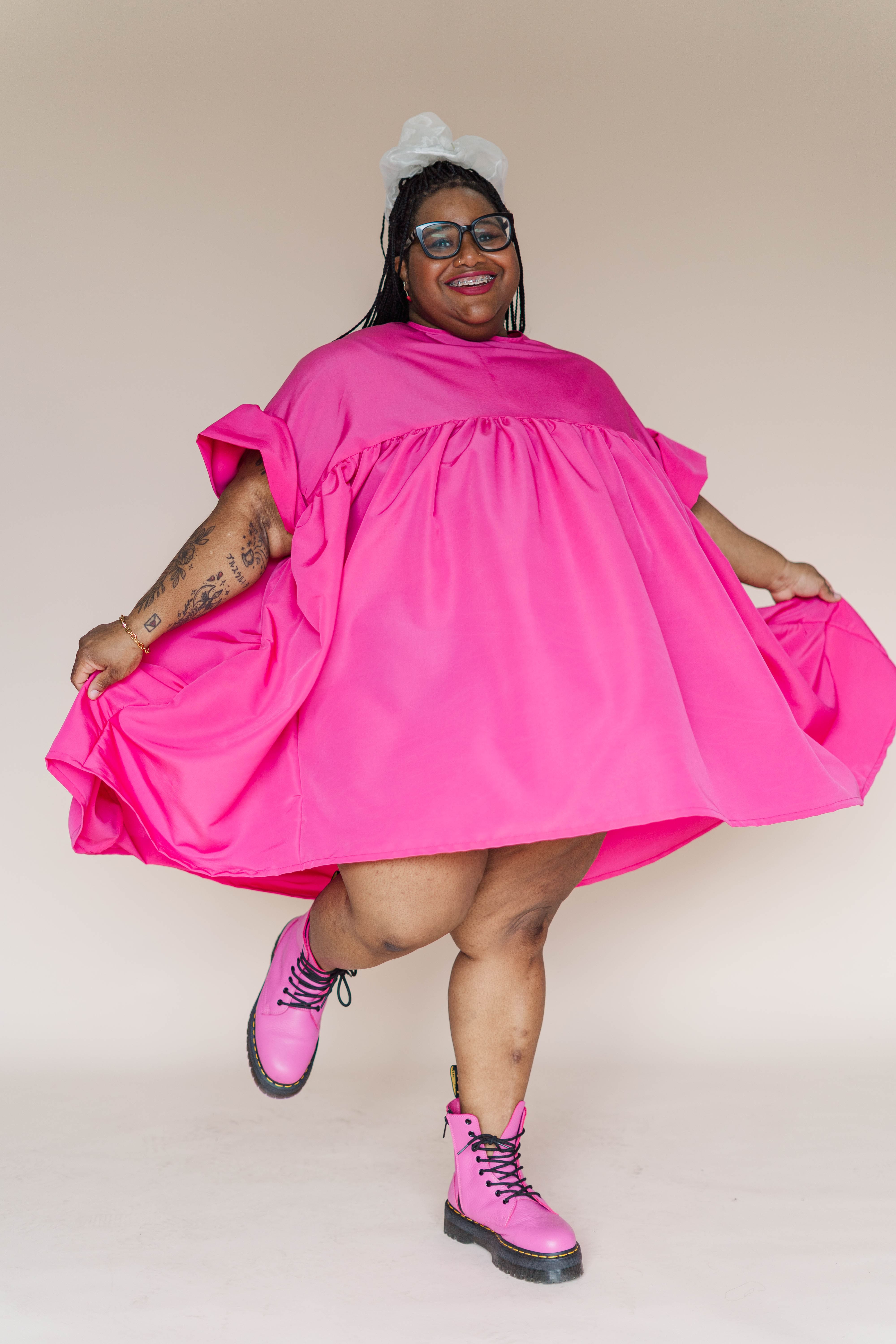 hot pink dress black shoes MINI MUSHROOM OS Collection:Babyboo-bridal Complete the Look:Heirloom Duo ( Dress + Party Hat) Summer Dress over Leggings: