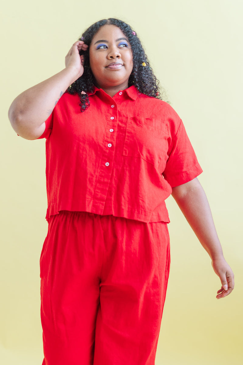 Boxy Collared Top in Cherry Linen (RTS) – Nettle Studios