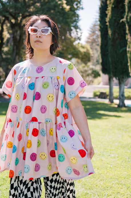 Tiered Mini Dress in Rainbow Smiley Cotton