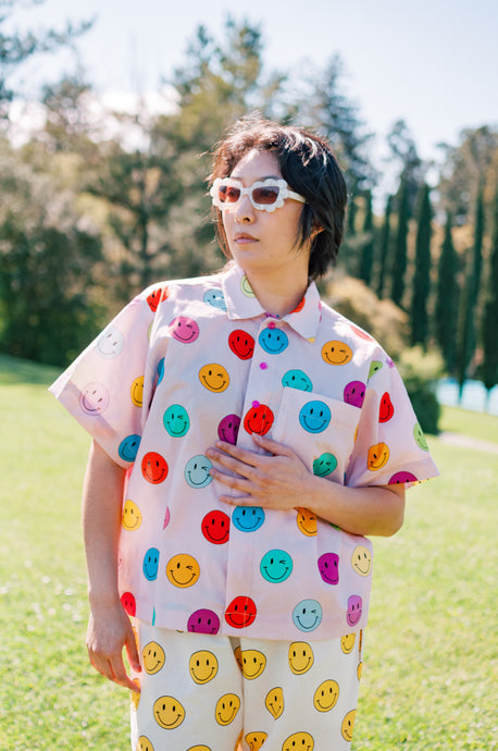 Boxy Collared Top in Rainbow Smiley Cotton