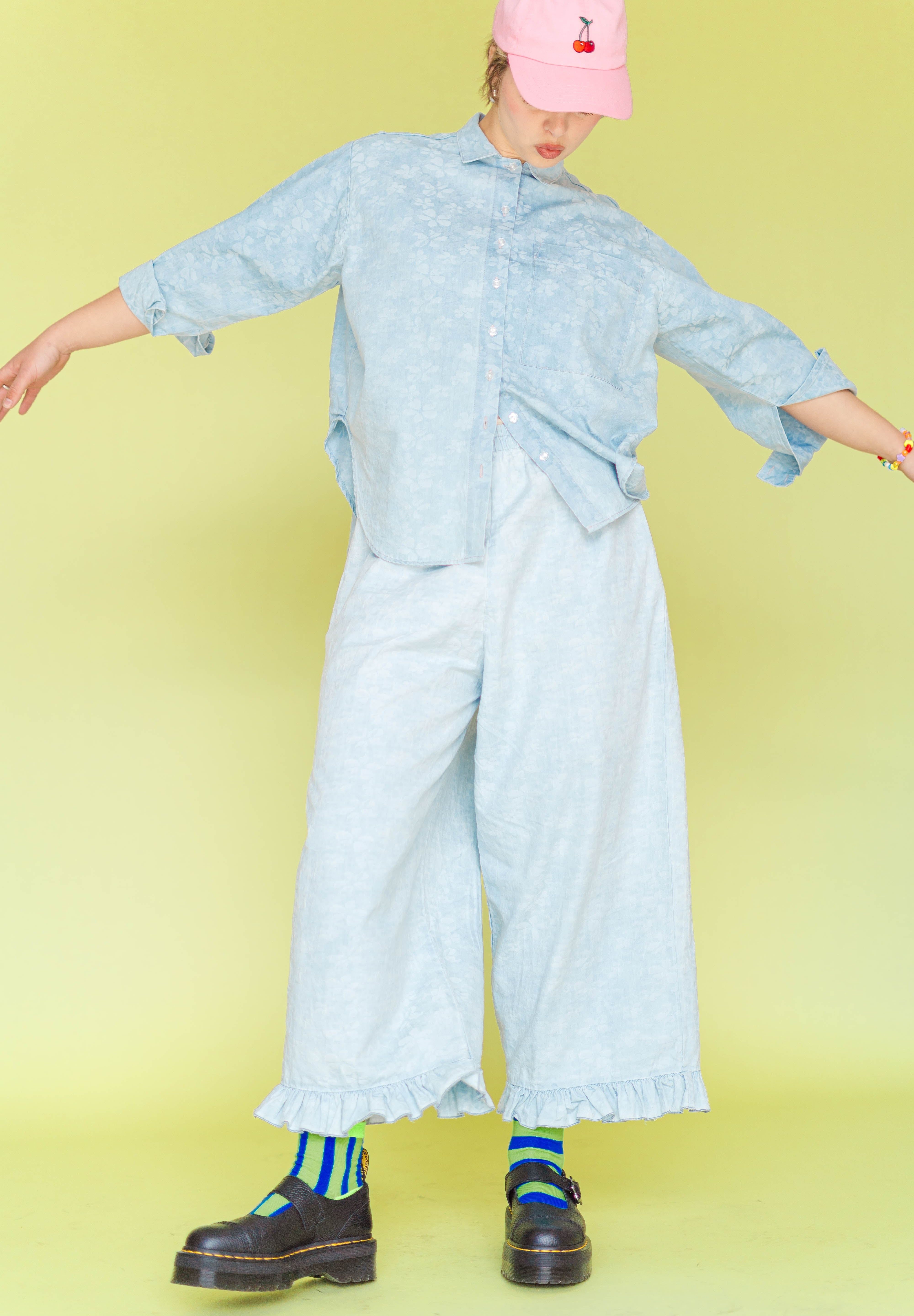 Bleached Floral Chambray Ruffle Pants