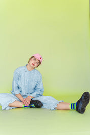 Bleached Floral Chambray Ruffle Pants