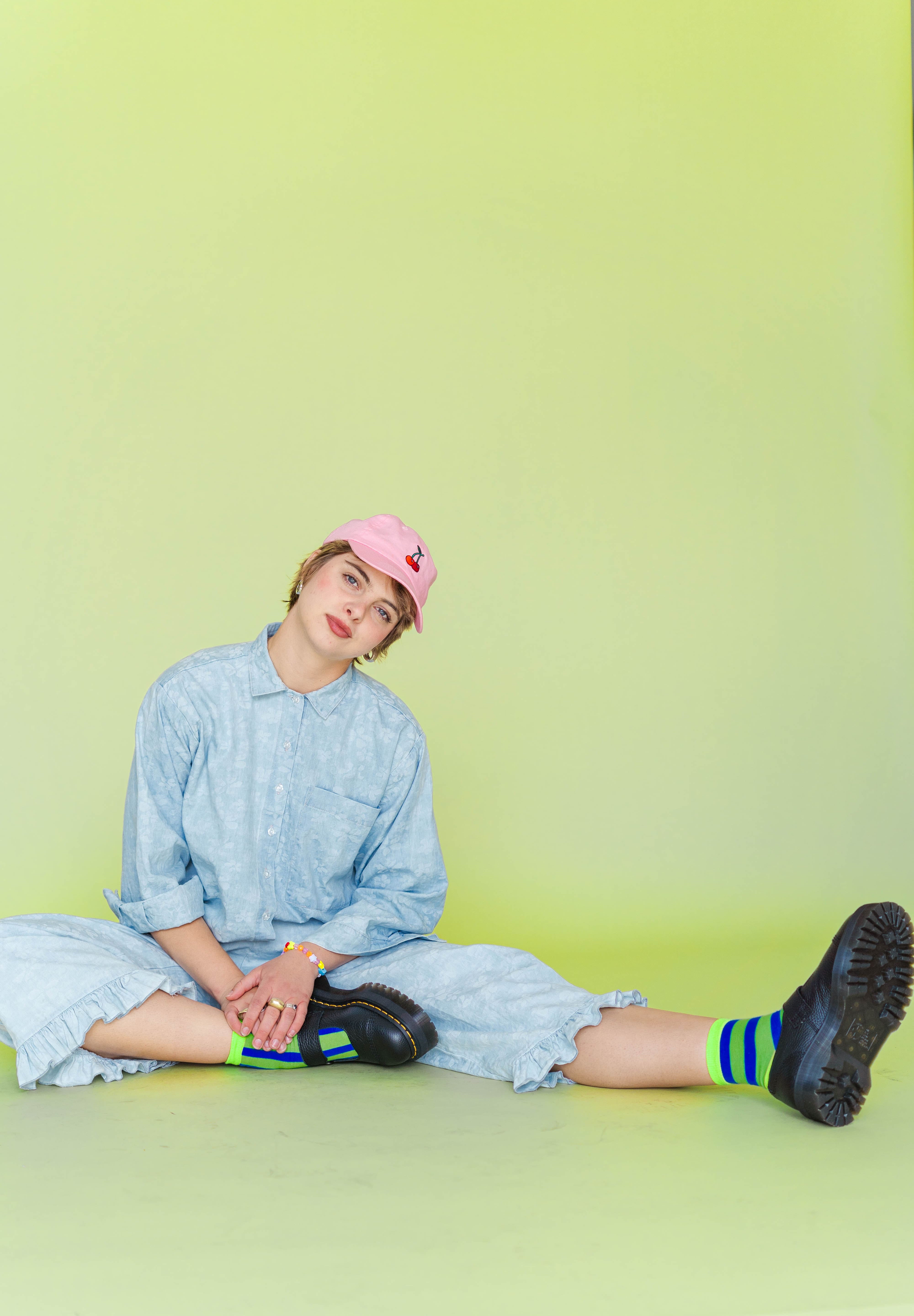 Bleached Floral Chambray Ruffle Pants