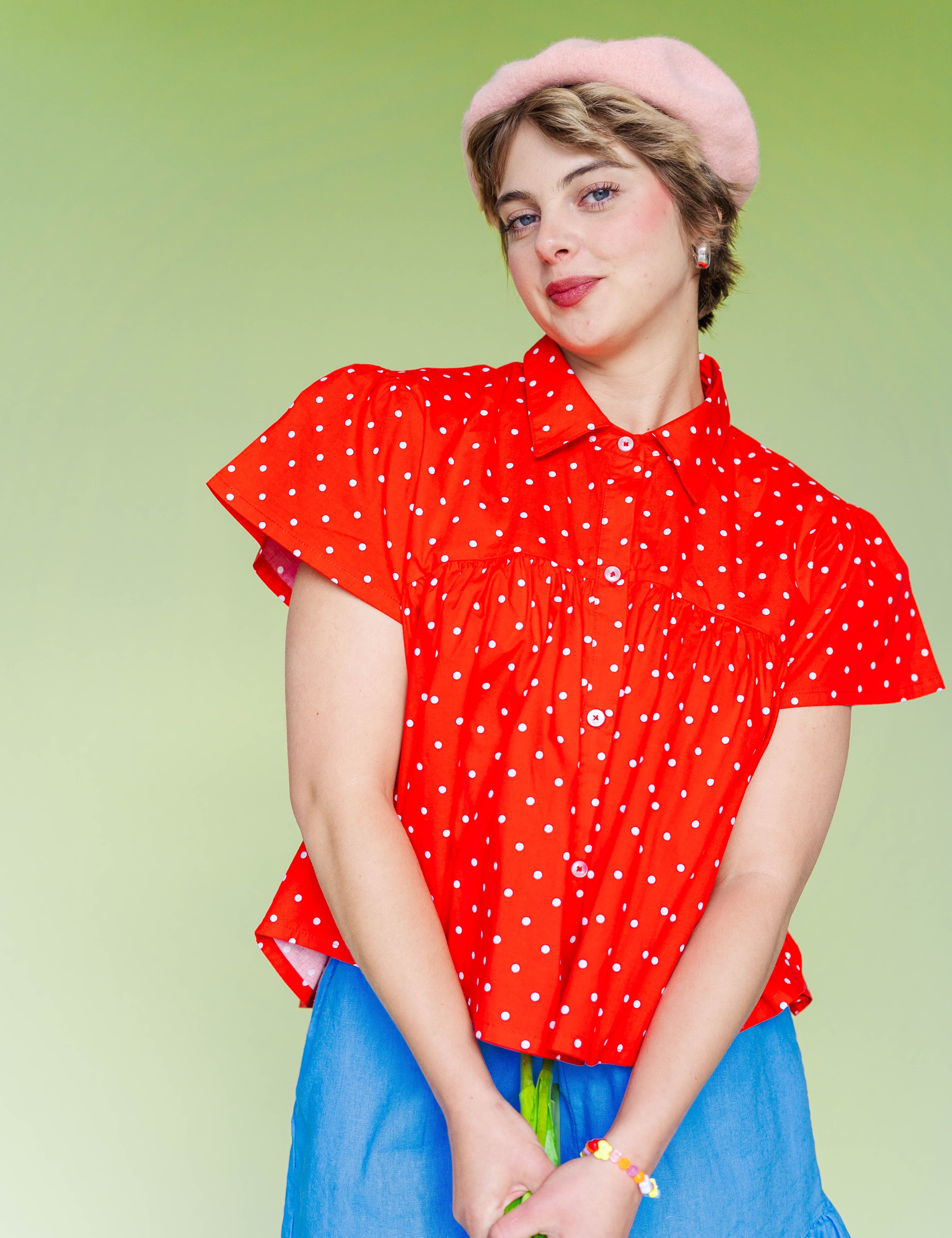 Cherry Polka Dot Button Mushroom Top