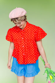 Cherry Polka Dot Button Mushroom Top