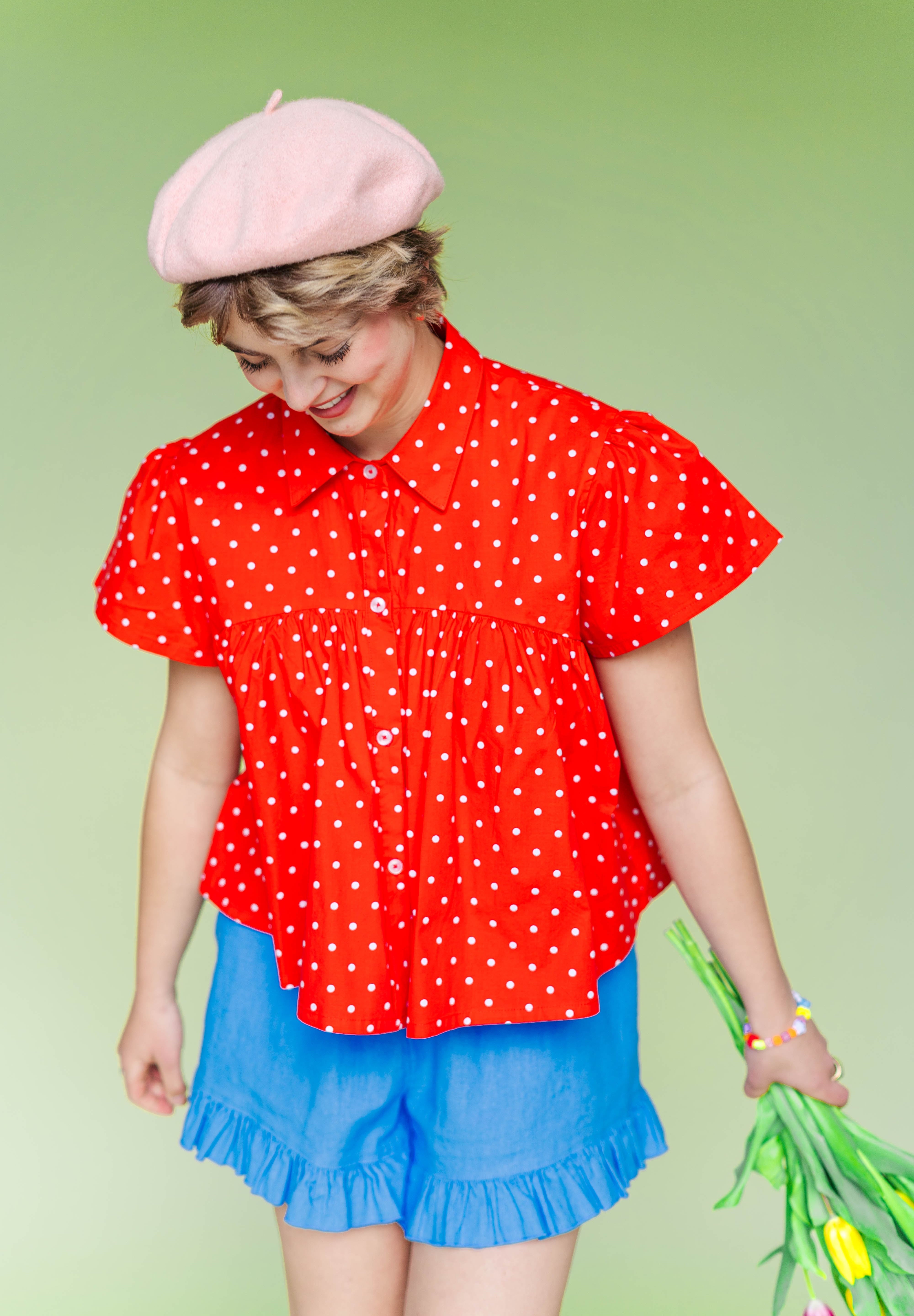 Cherry Polka Dot Button Mushroom Top