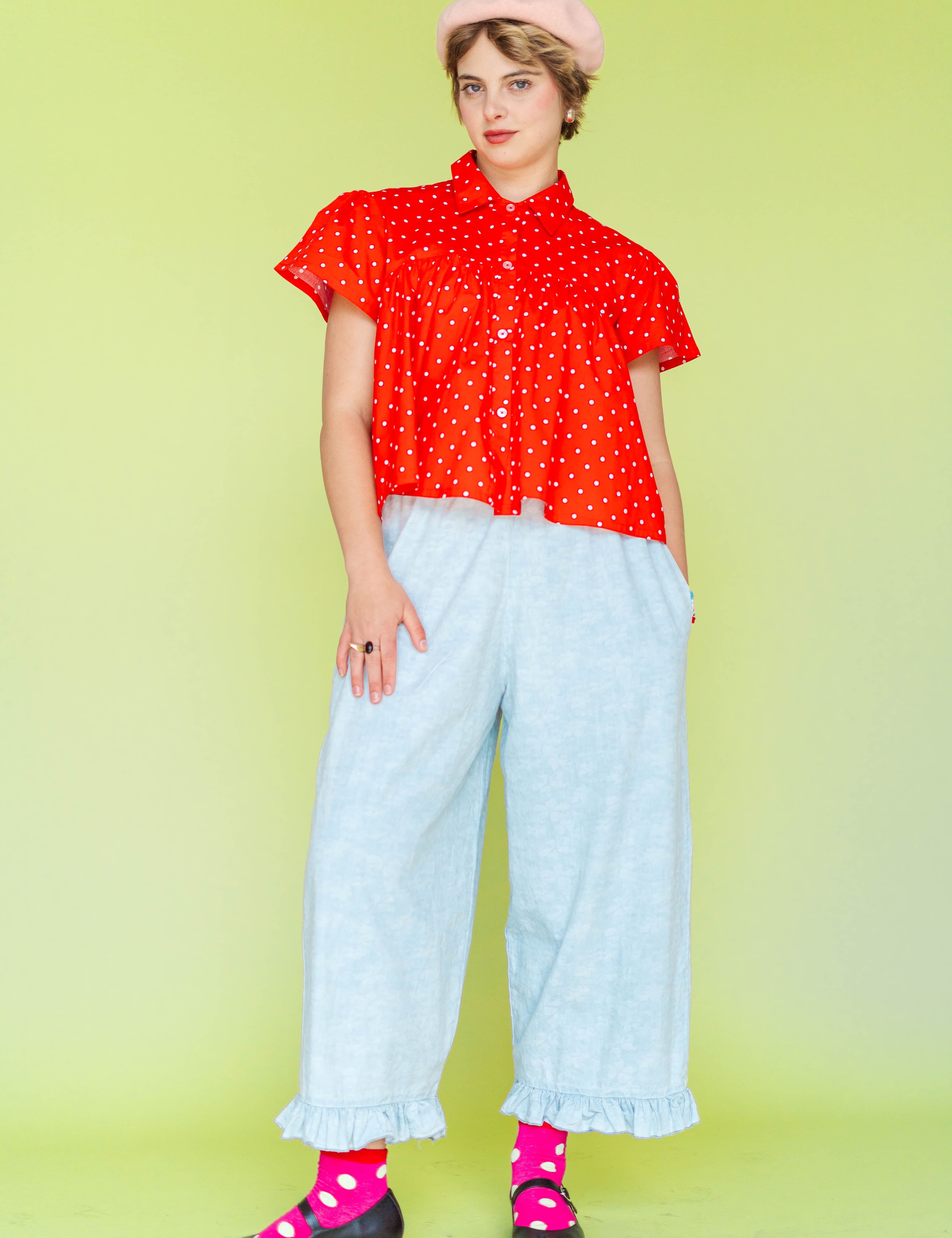 Bleached Floral Chambray Ruffle Pants