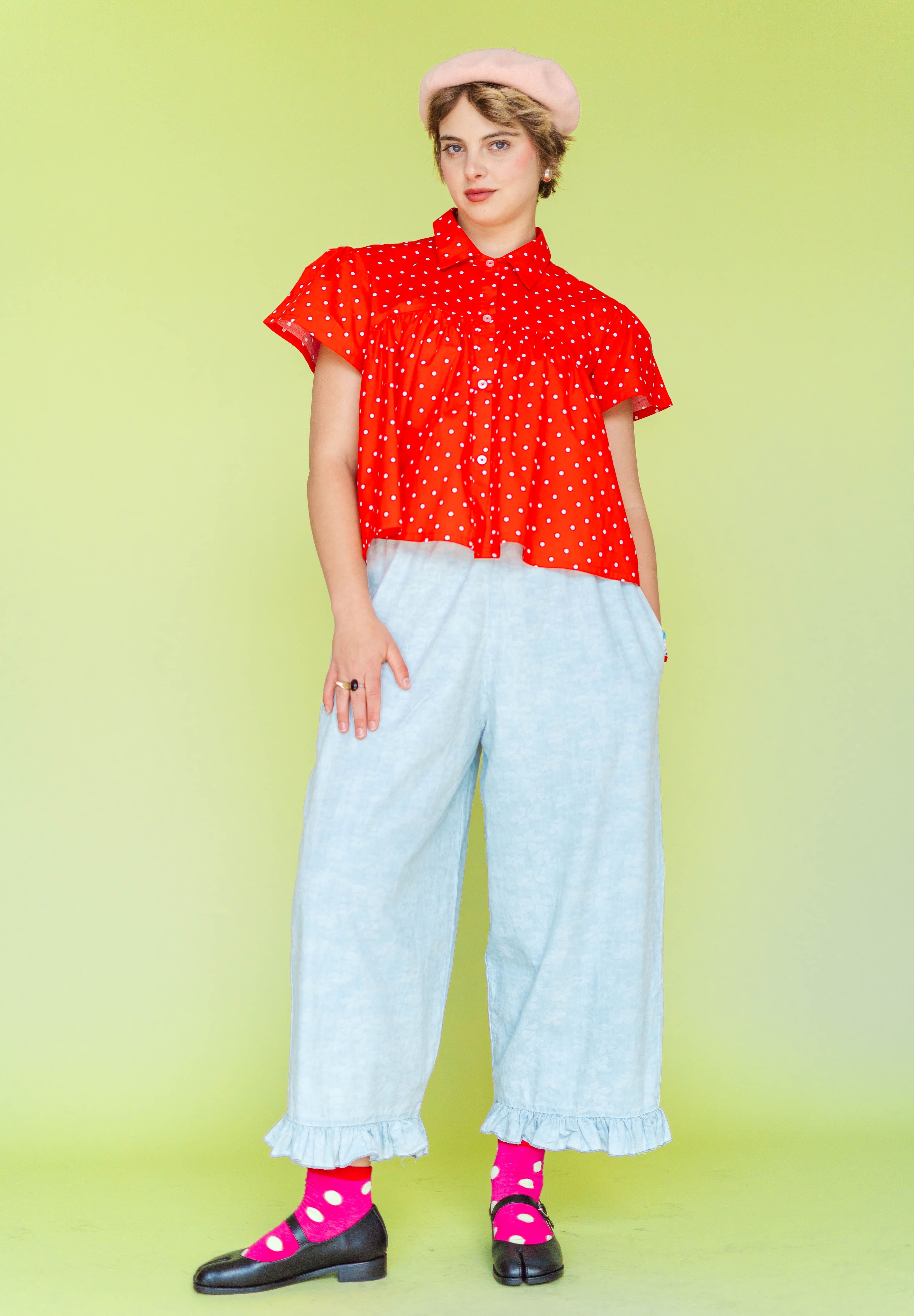 Bleached Floral Chambray Ruffle Pants