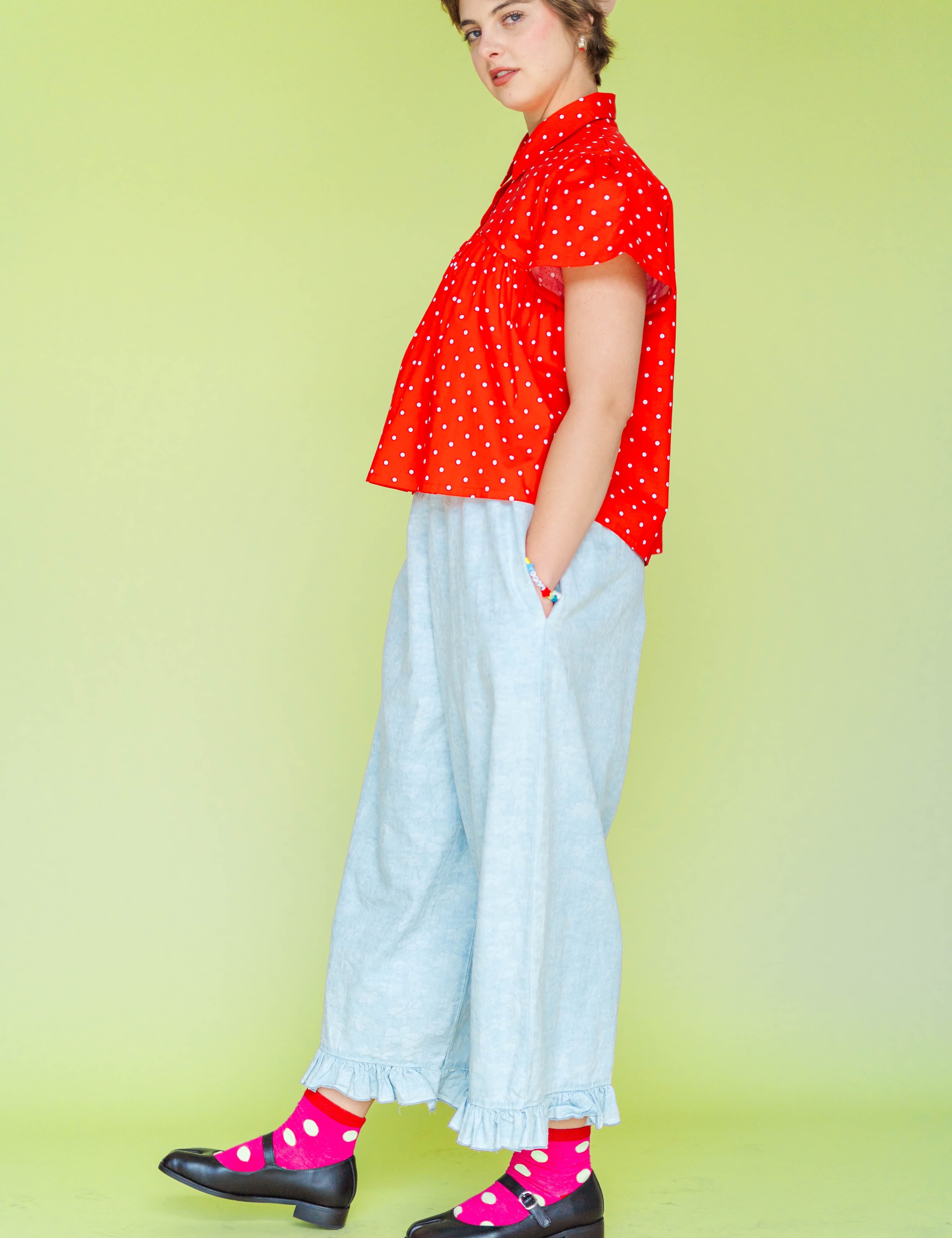 Bleached Floral Chambray Ruffle Pants
