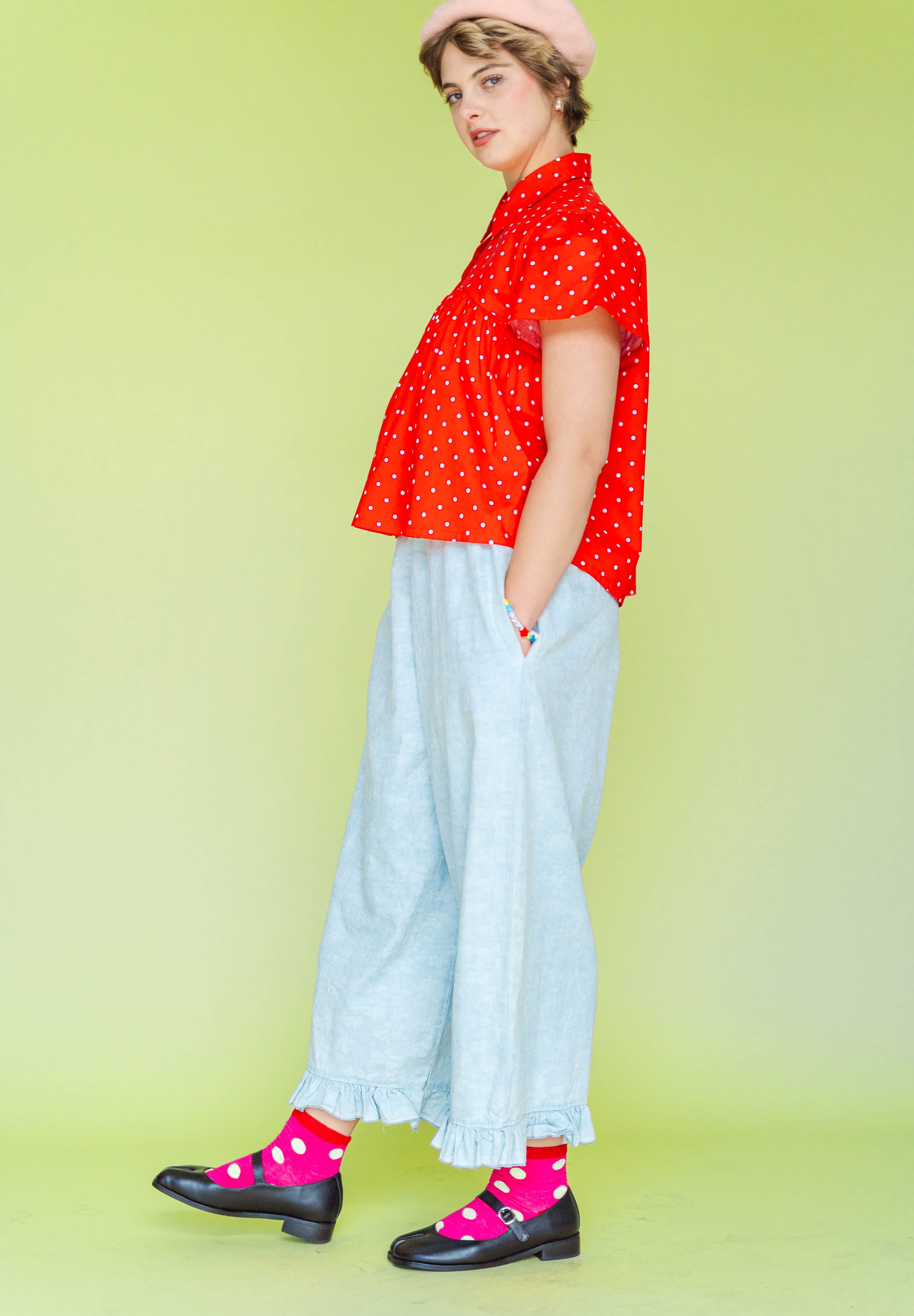 Bleached Floral Chambray Ruffle Pants