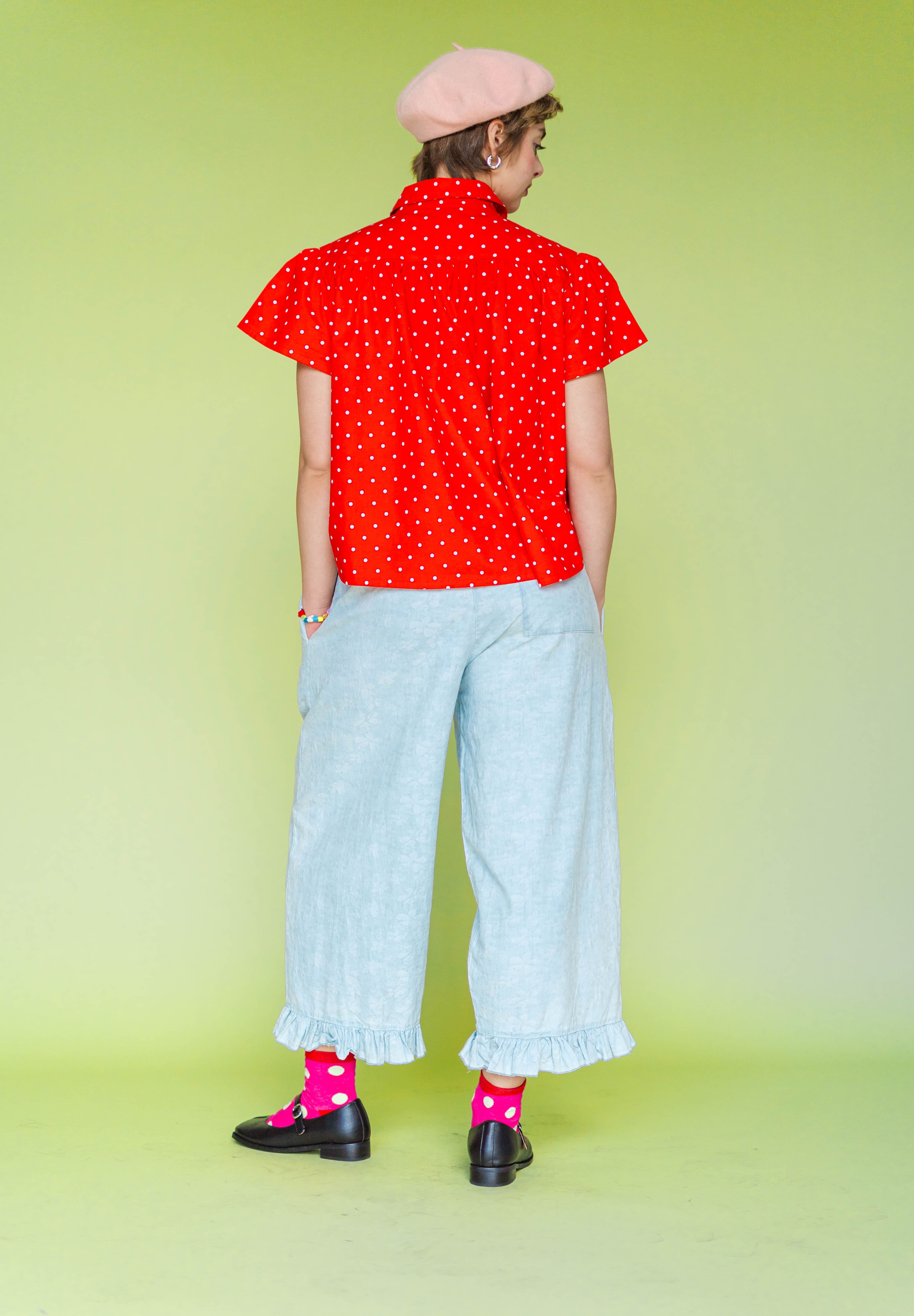 Bleached Floral Chambray Ruffle Pants
