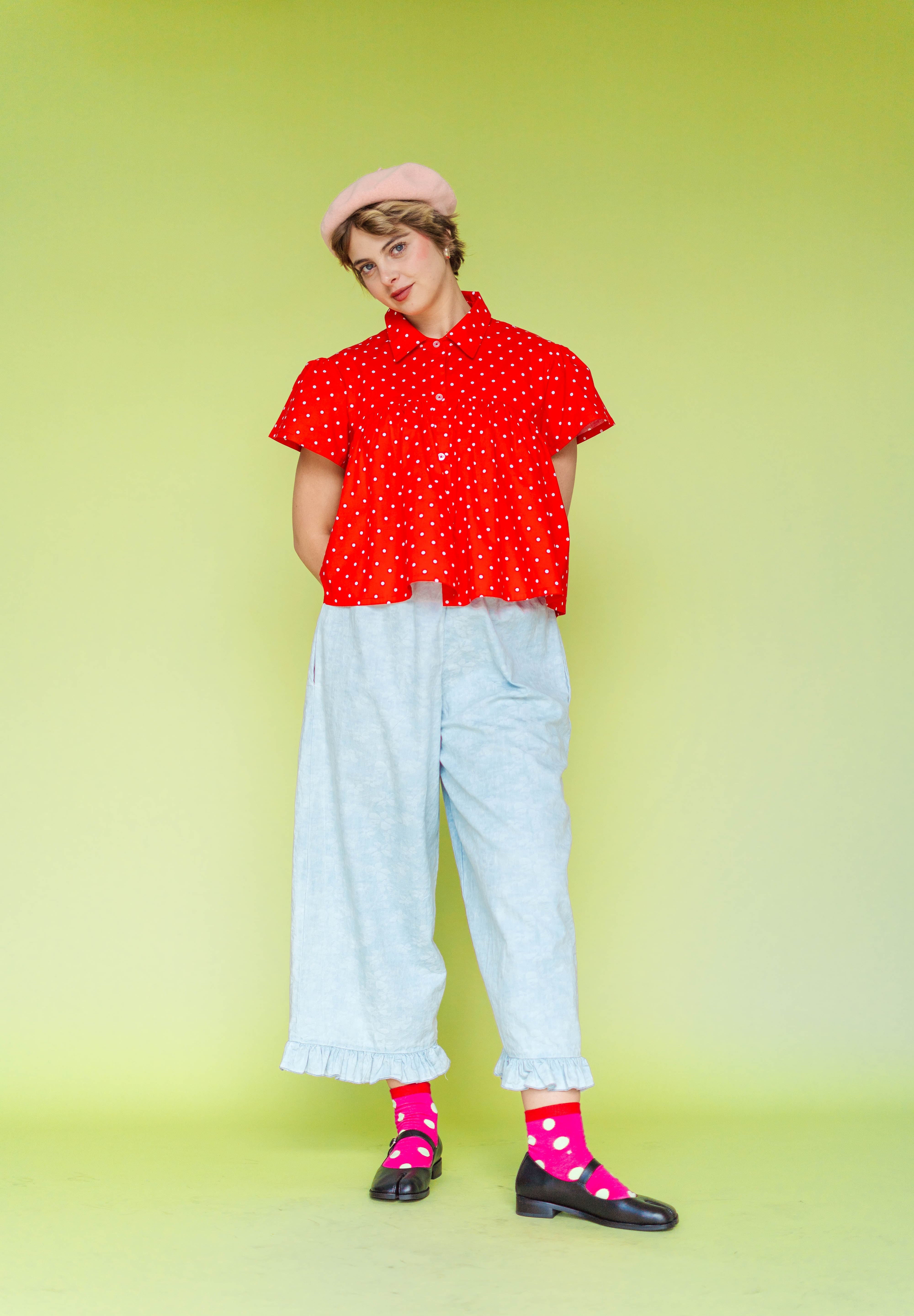 Cherry Polka Dot Button Mushroom Top