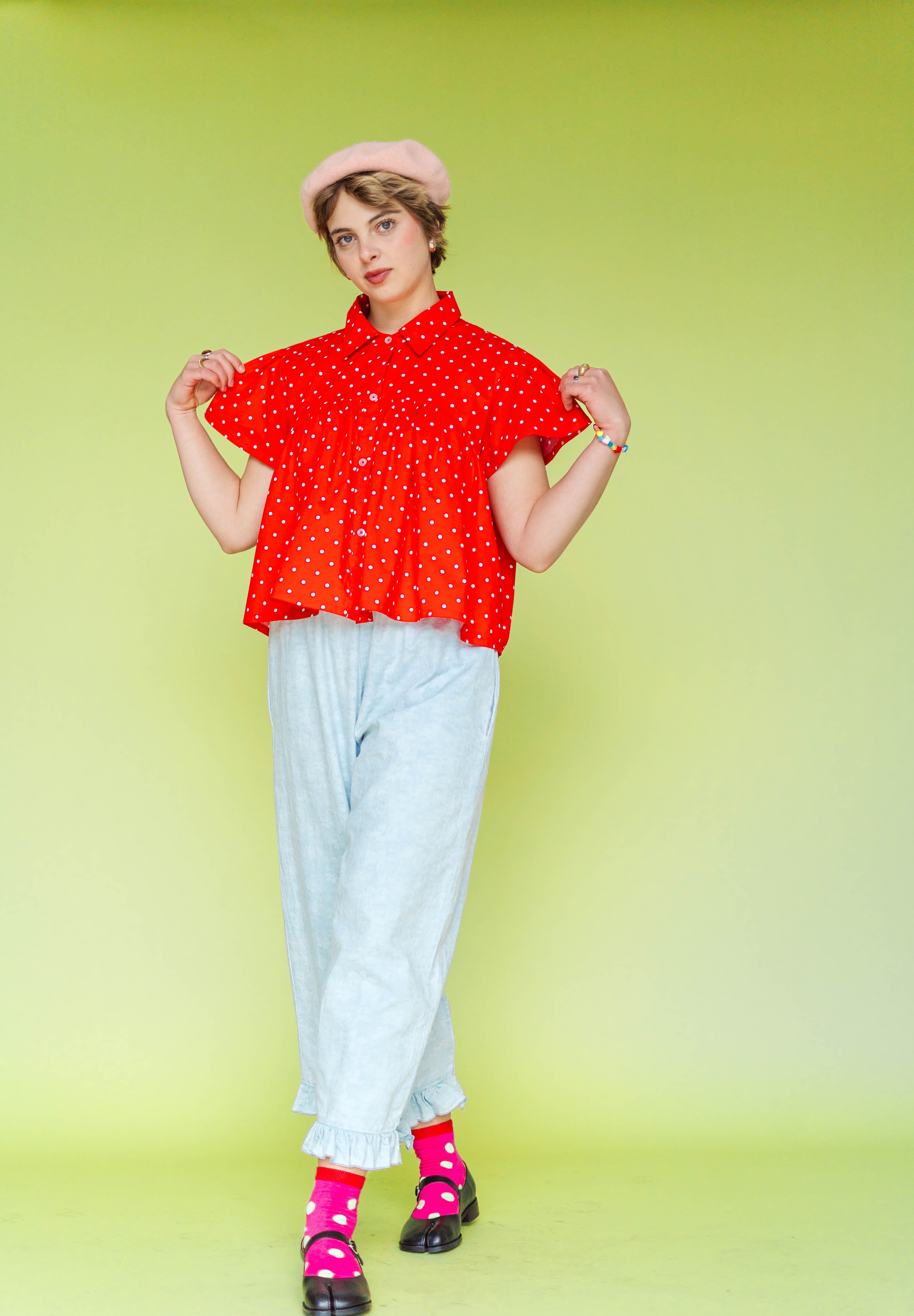 Bleached Floral Chambray Ruffle Pants