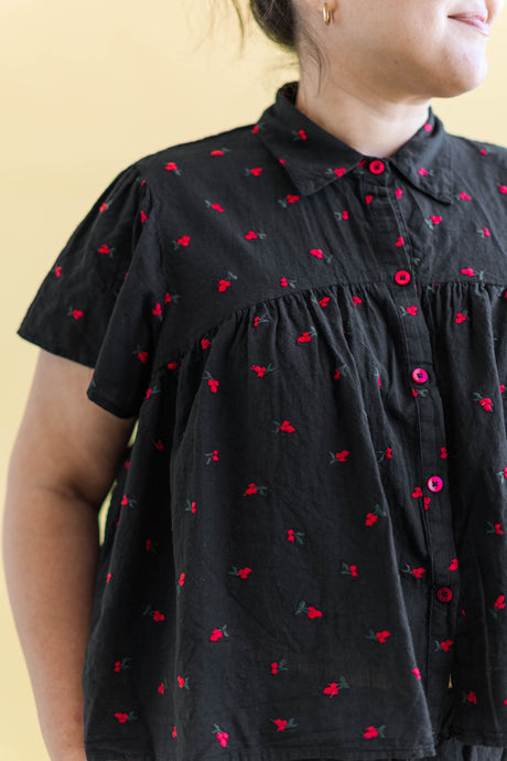 Button Mushroom Top in Black Cherry Cotton (RTS)