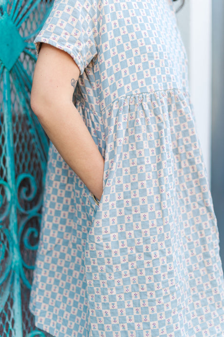 Everyday Dress in Blue Floral Check (RTS)