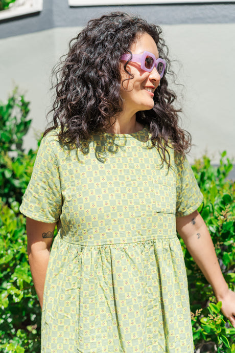 Everyday Dress in Green Floral Check (RTS)