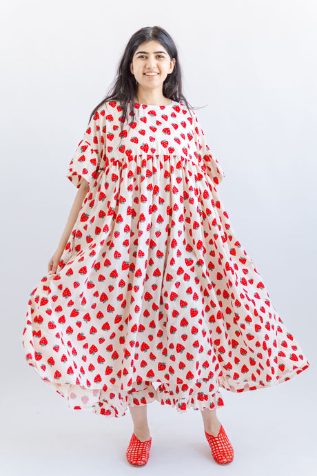 Mushroom Dress in Strawberry Cotton Poplin