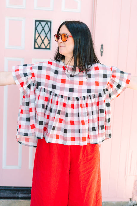 Mushroom Top in Red Plaid (RTS)