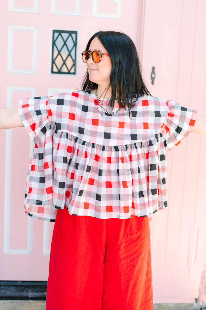 Mushroom Top in Red Plaid (RTS)