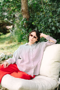 Soft Volume Long Sleeve Top in Striped Linen (RTS)