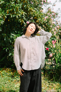 Soft Volume Long Sleeve Top in Striped Linen (RTS)