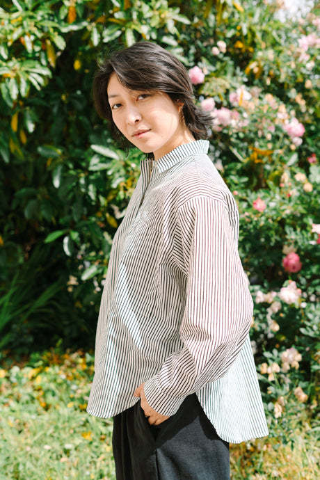 Soft Volume Long Sleeve Top in Striped Linen (RTS)
