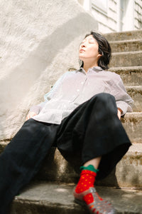 Soft Volume Long Sleeve Top in Striped Linen (RTS)