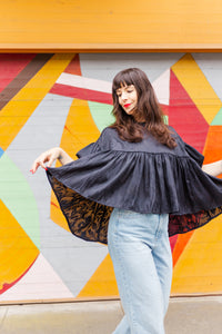 Mushroom Top in Black Shiny Floral (RTS)