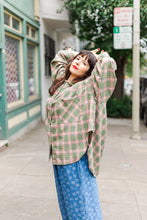 Soft Volume Long Sleeve Top in Green/Pink Plaid Flannel