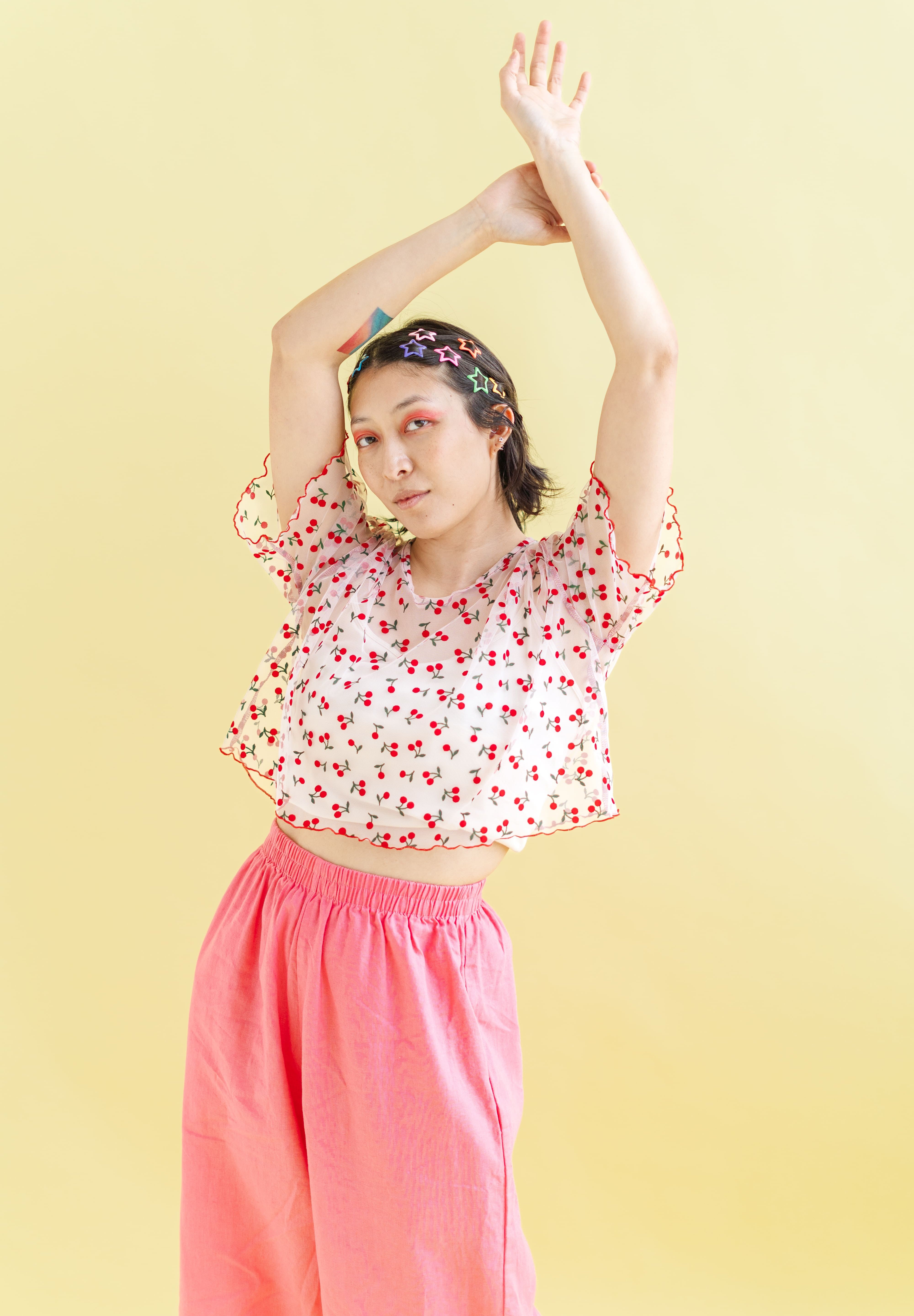 Boxy Crop Top in Cherry Mesh