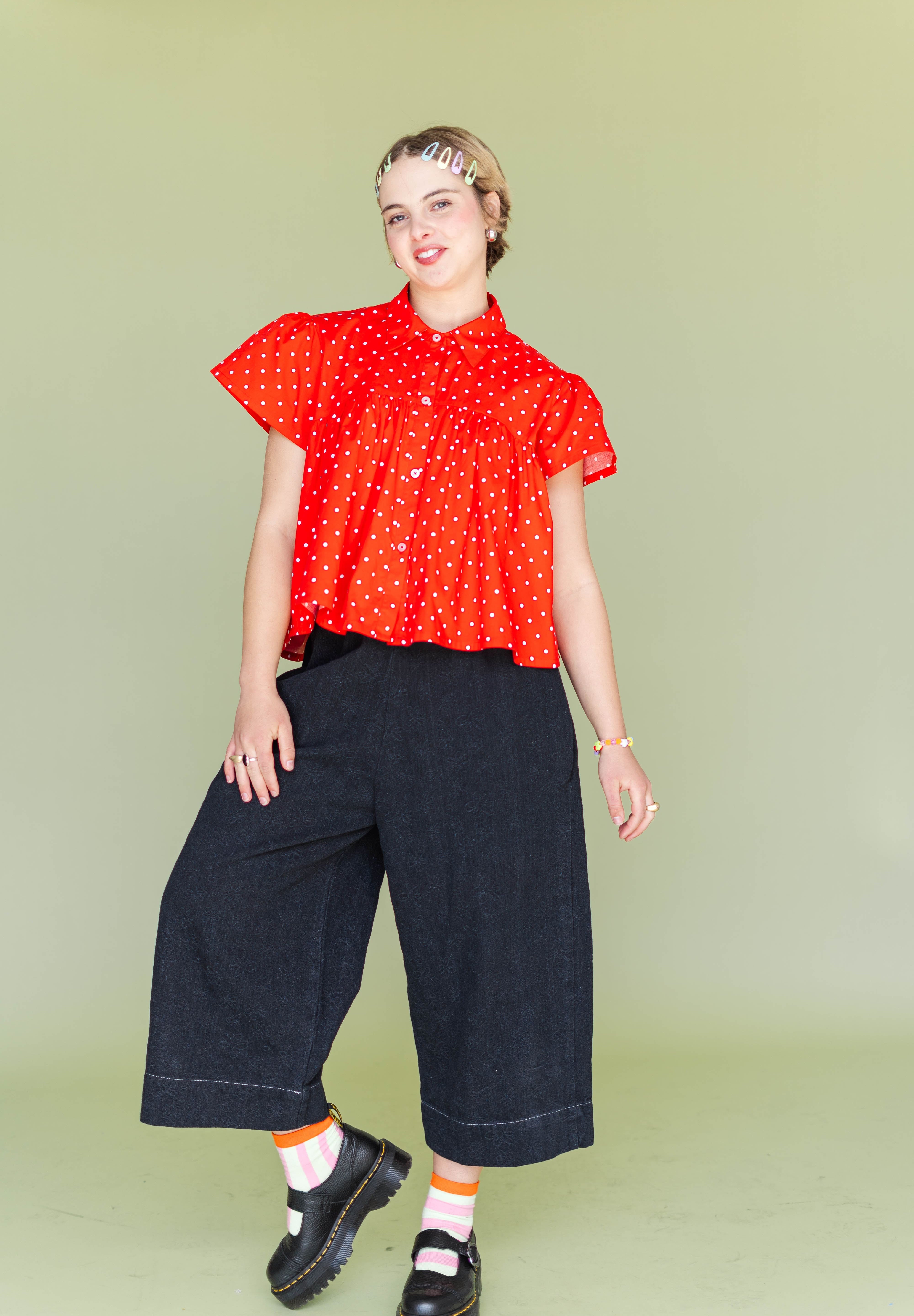 Cherry Polka Dot Button Mushroom Top