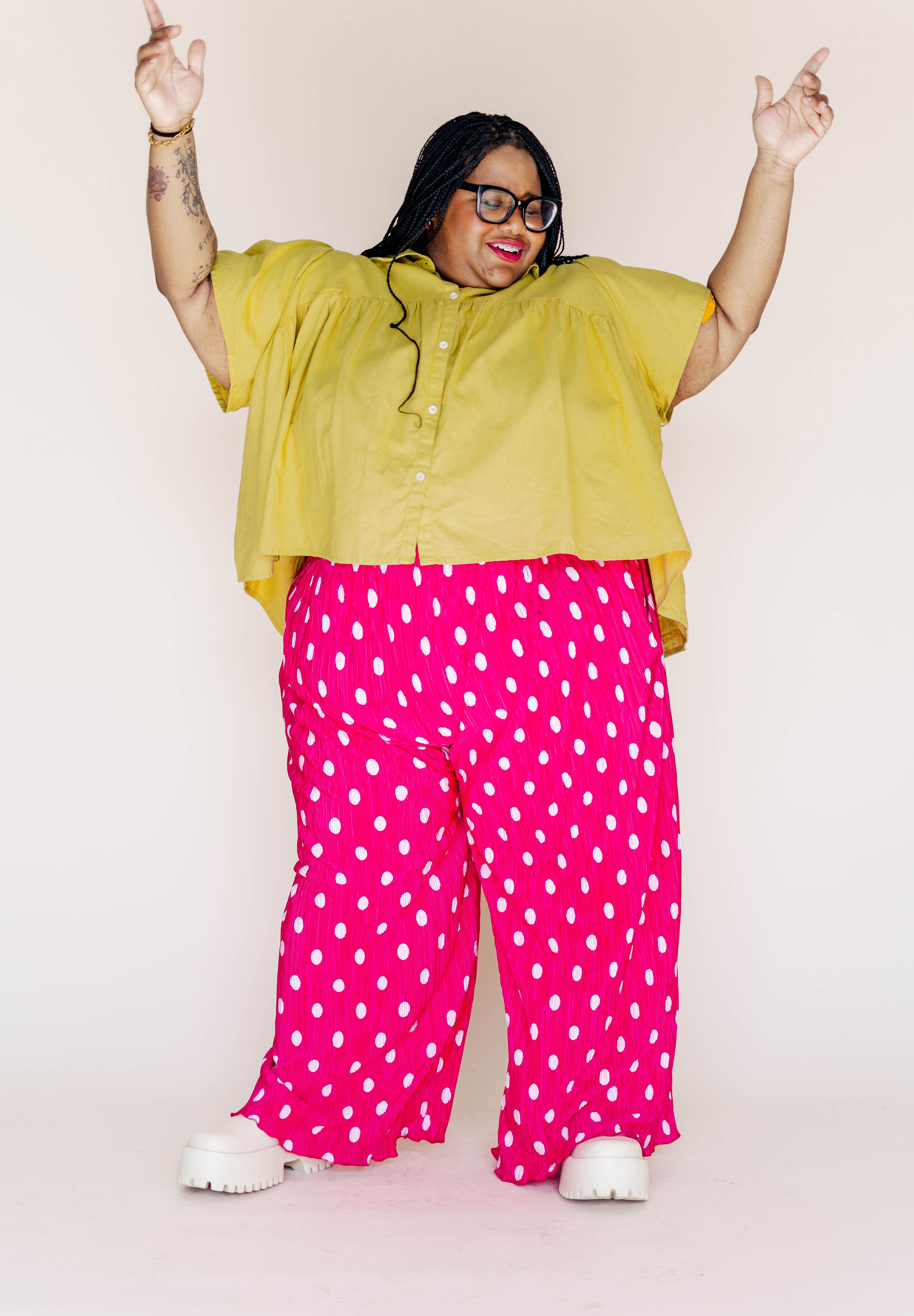 Pink Polka Dot Pleated Flare Pant