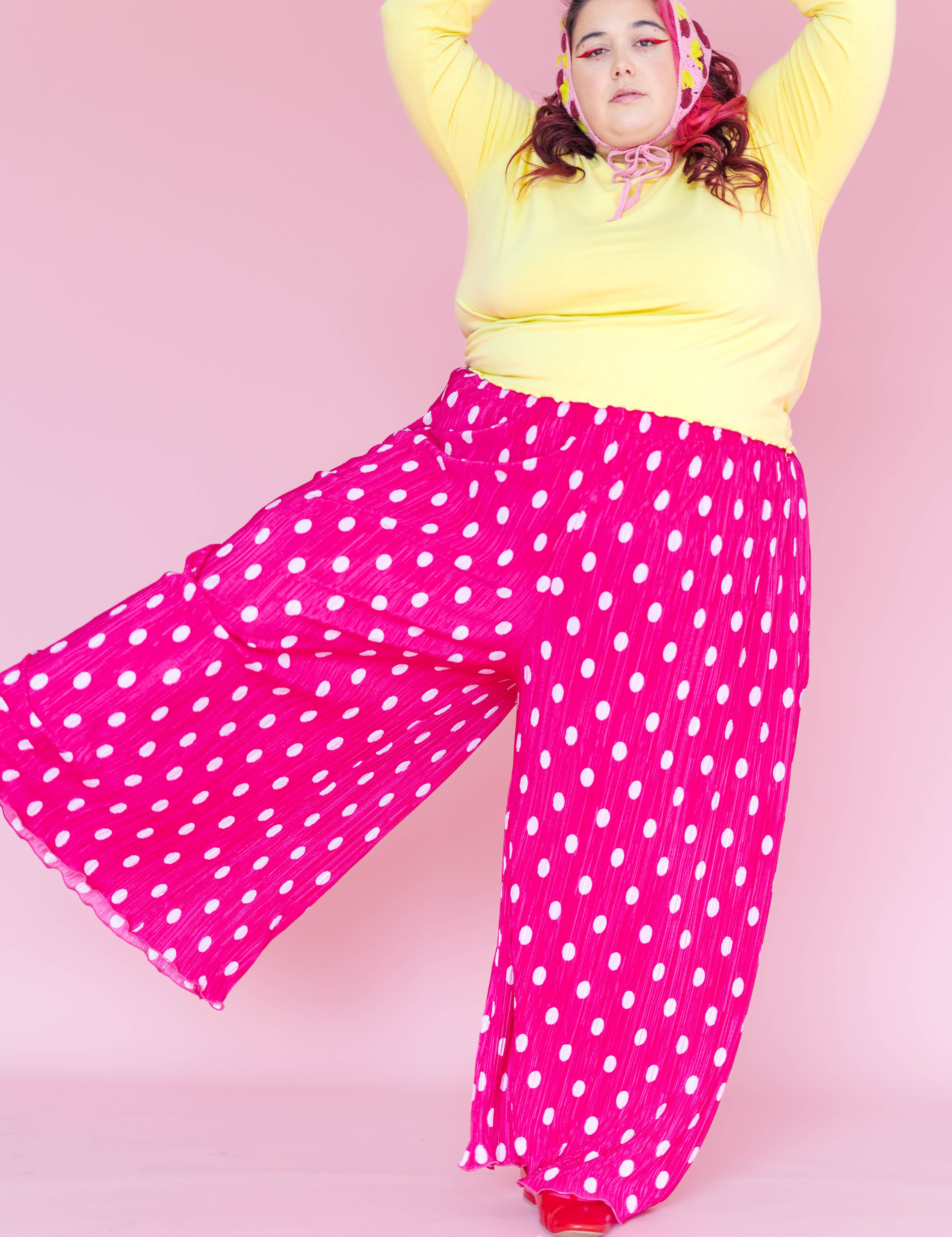Pink Polka Dot Pleated Flare Pant