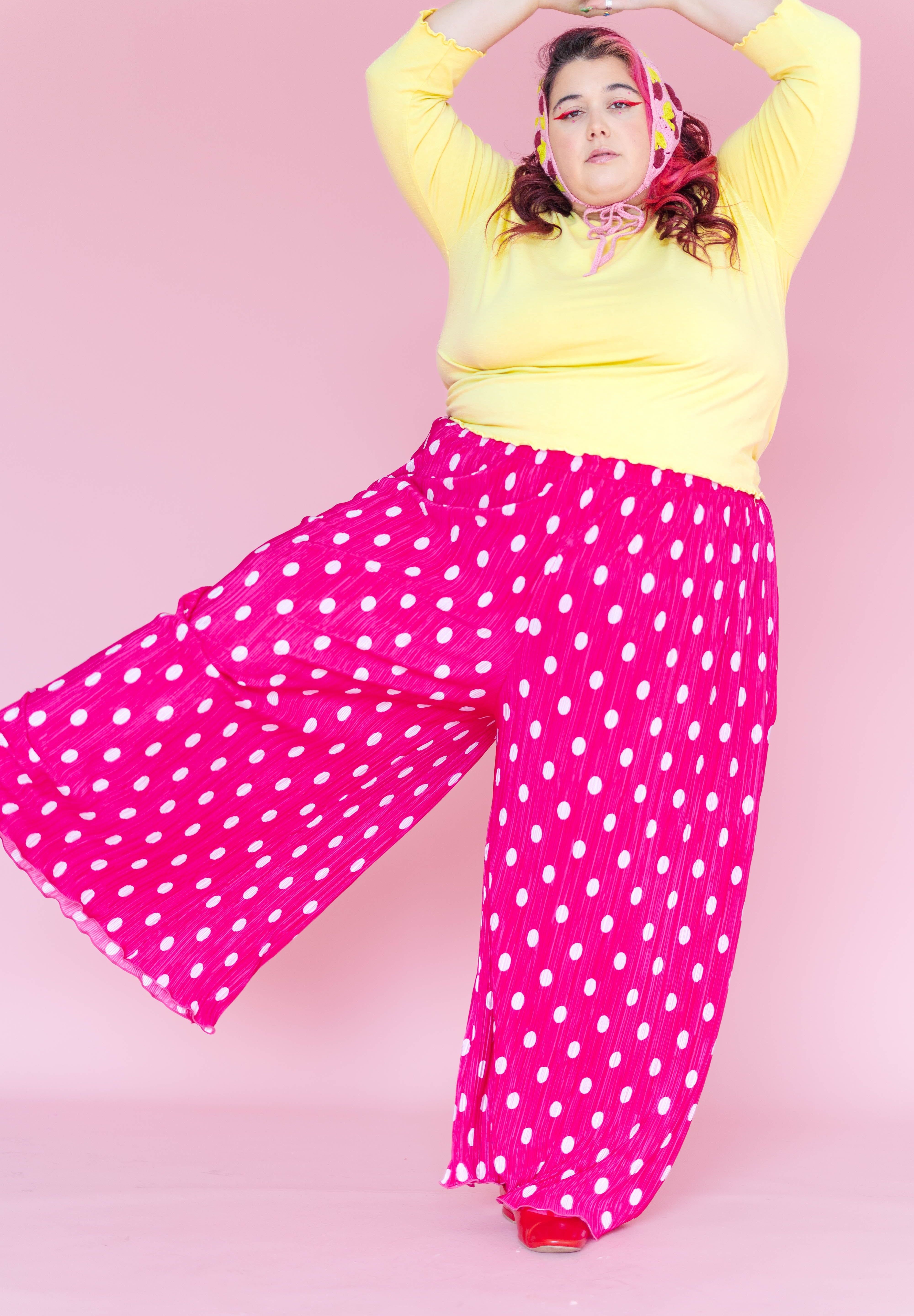Pink Polka Dot Pleated Flare Pant