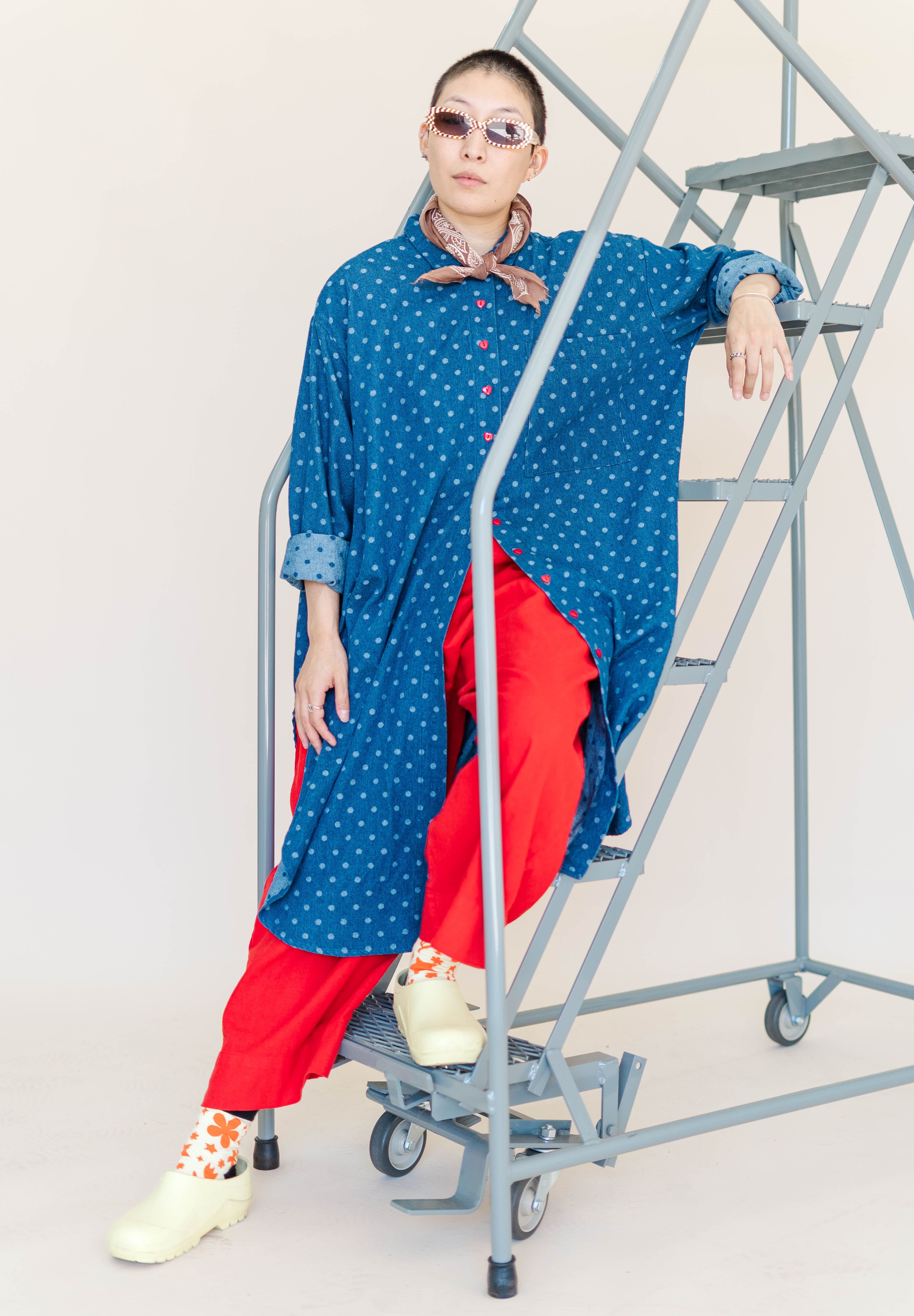 POLKA DOT DENIM SOFT VOLUME SHIRT DRESS