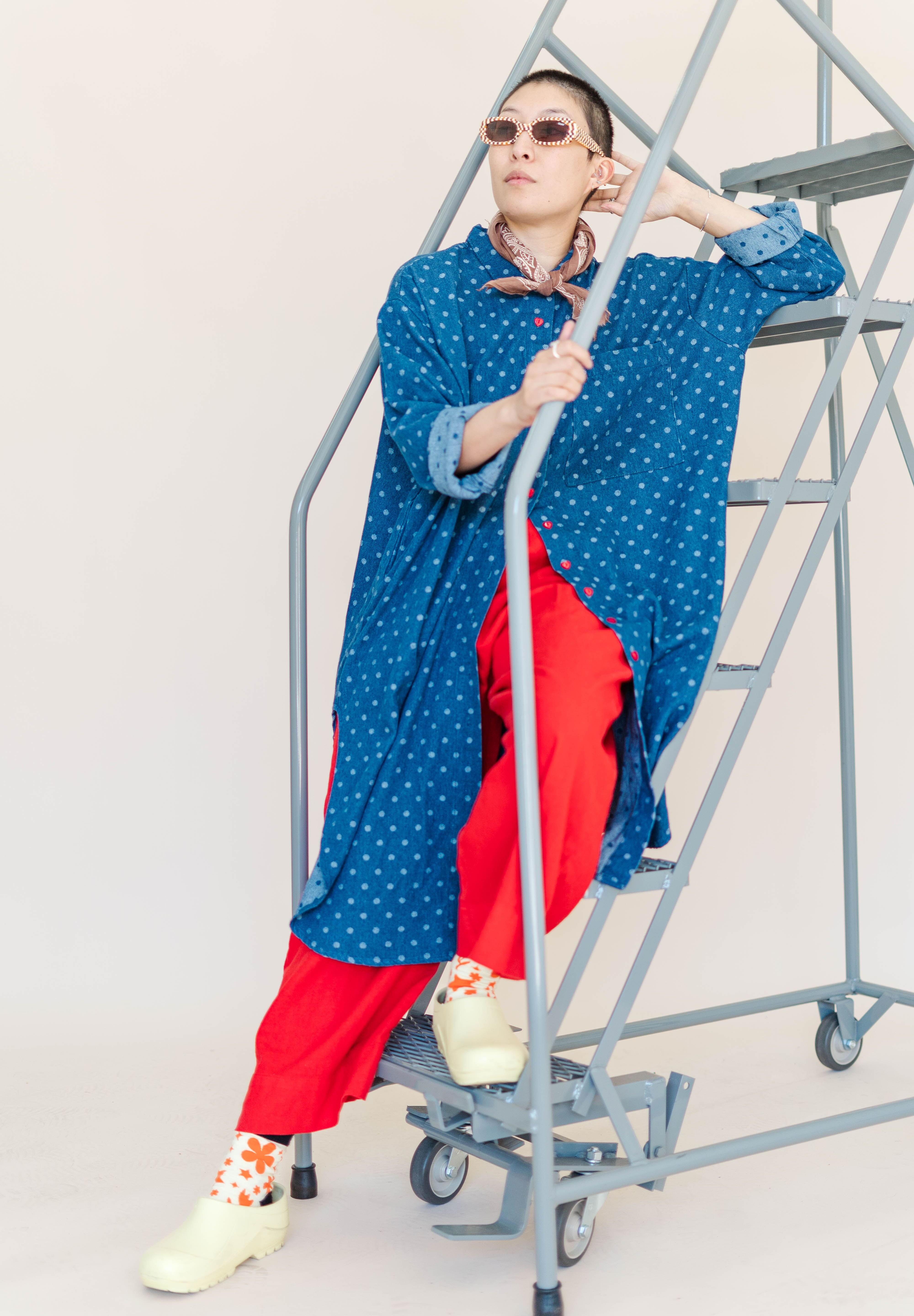 POLKA DOT DENIM SOFT VOLUME SHIRT DRESS