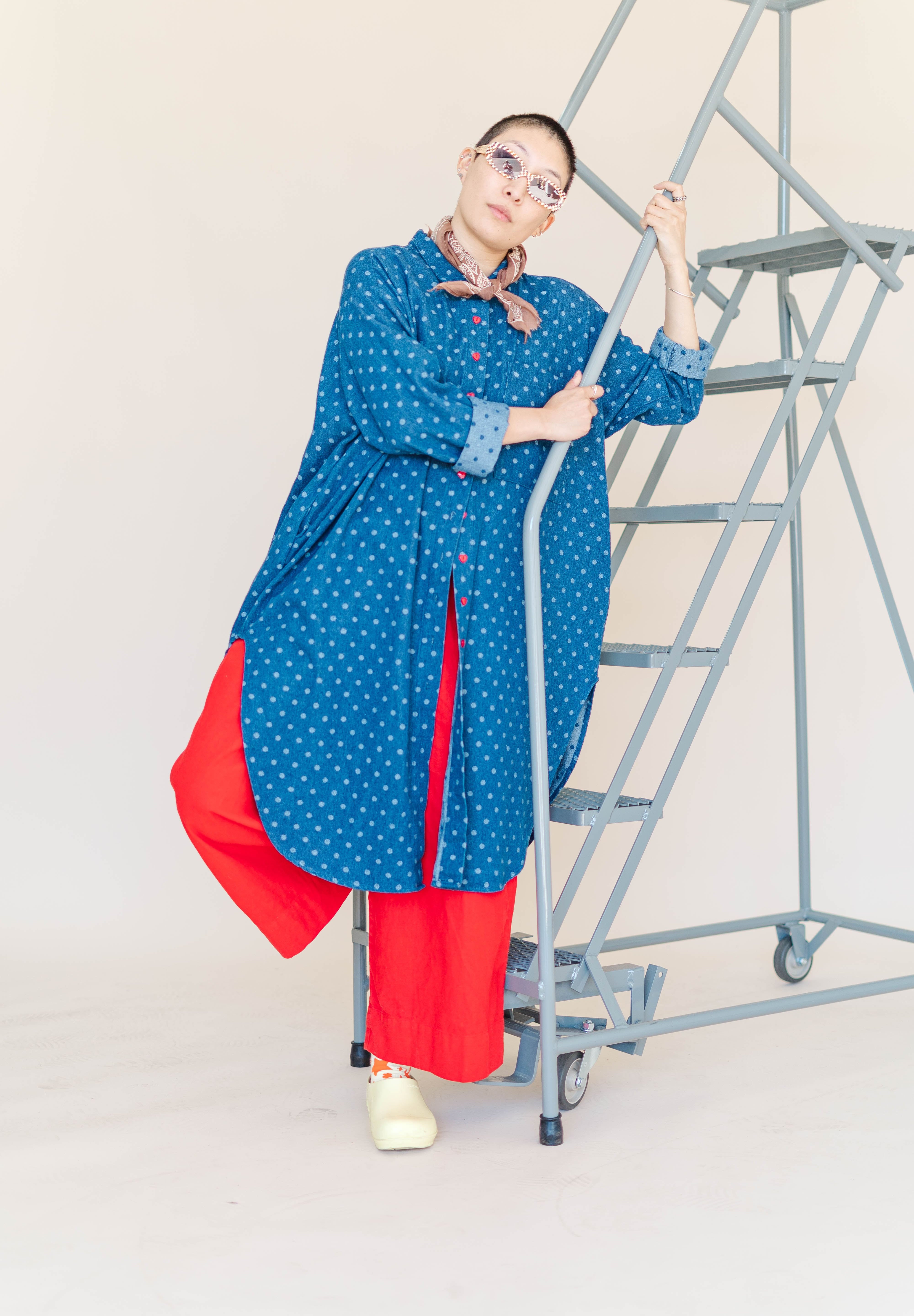 POLKA DOT DENIM SOFT VOLUME SHIRT DRESS