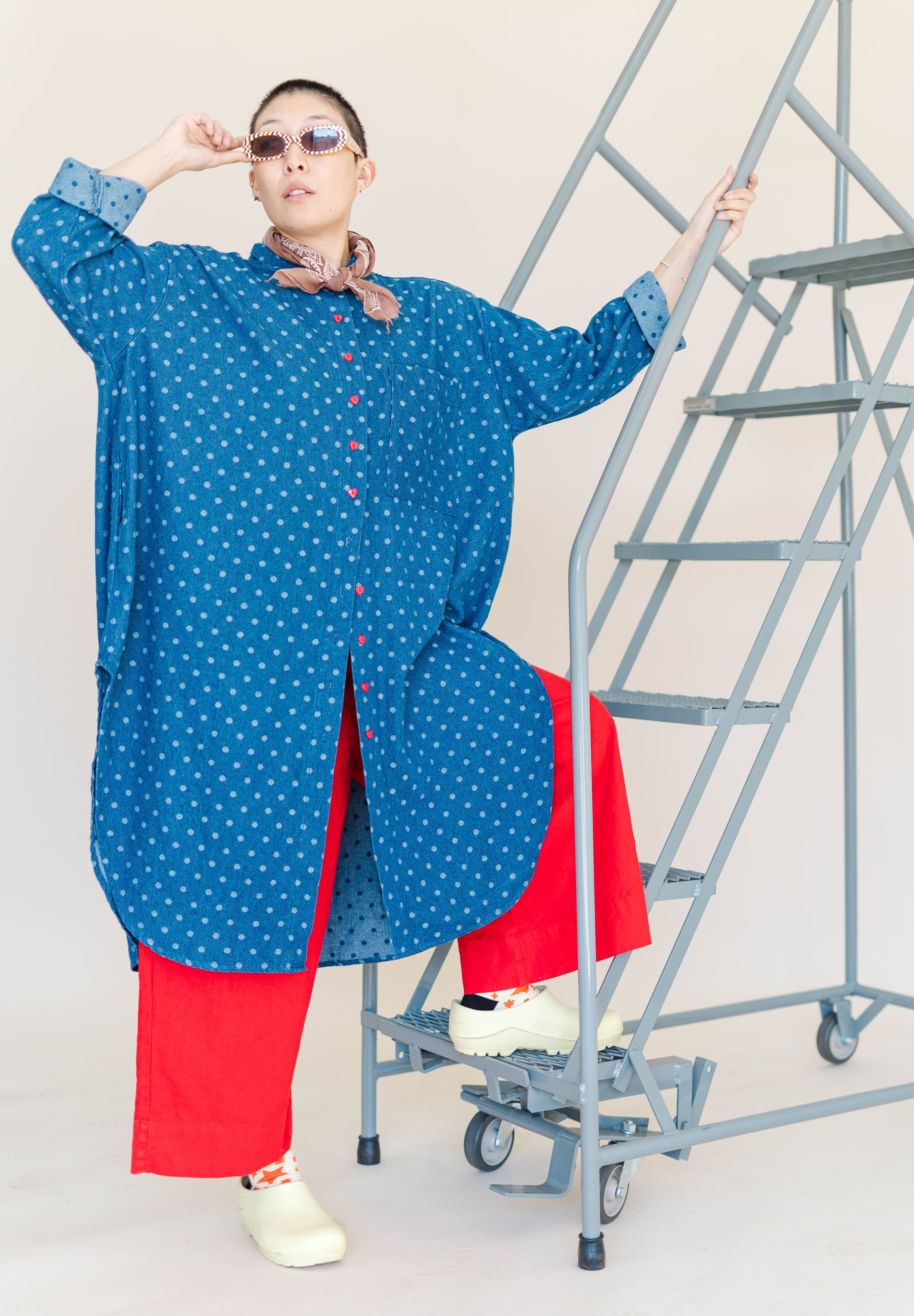 POLKA DOT DENIM SOFT VOLUME SHIRT DRESS