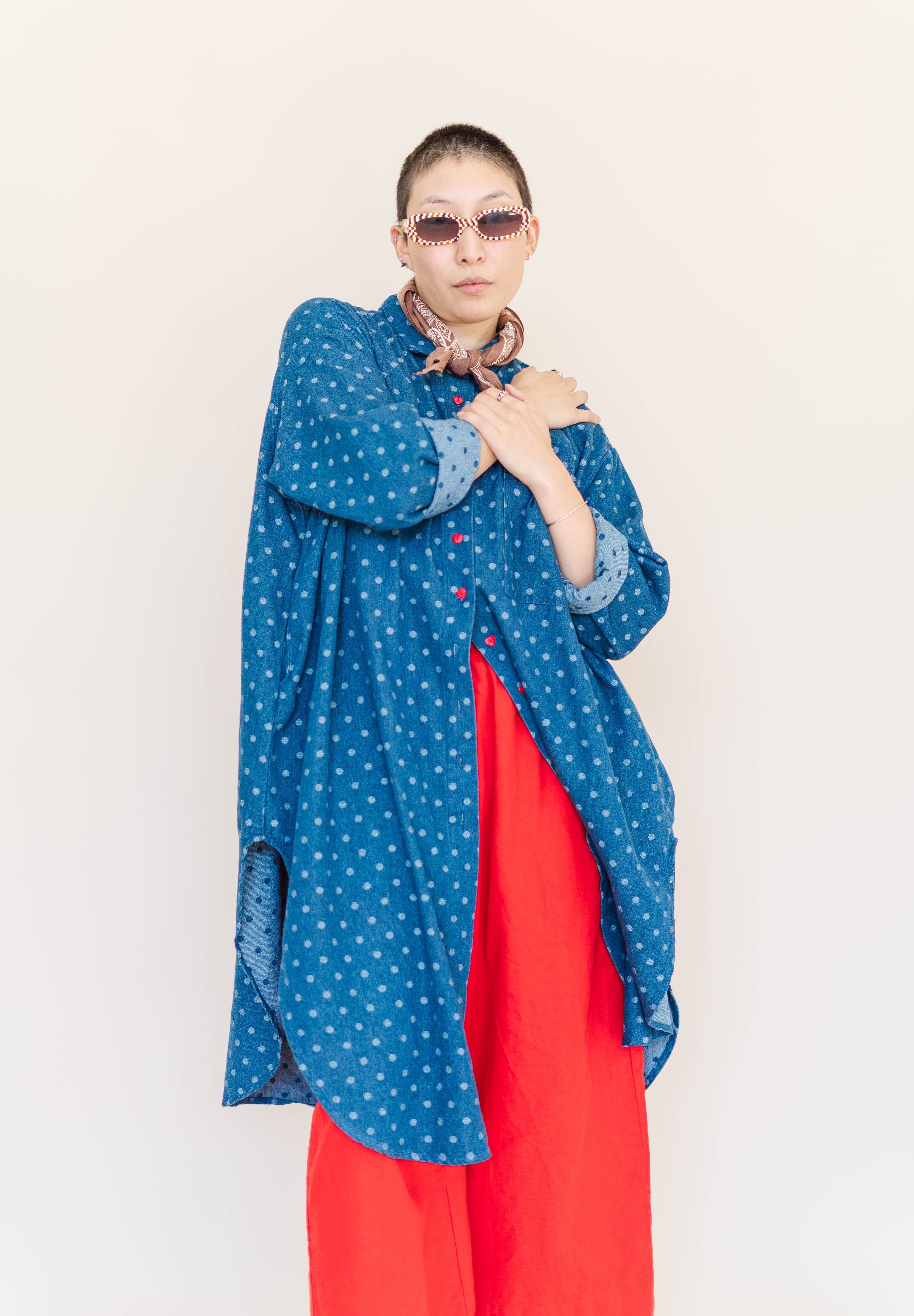 POLKA DOT DENIM SOFT VOLUME SHIRT DRESS