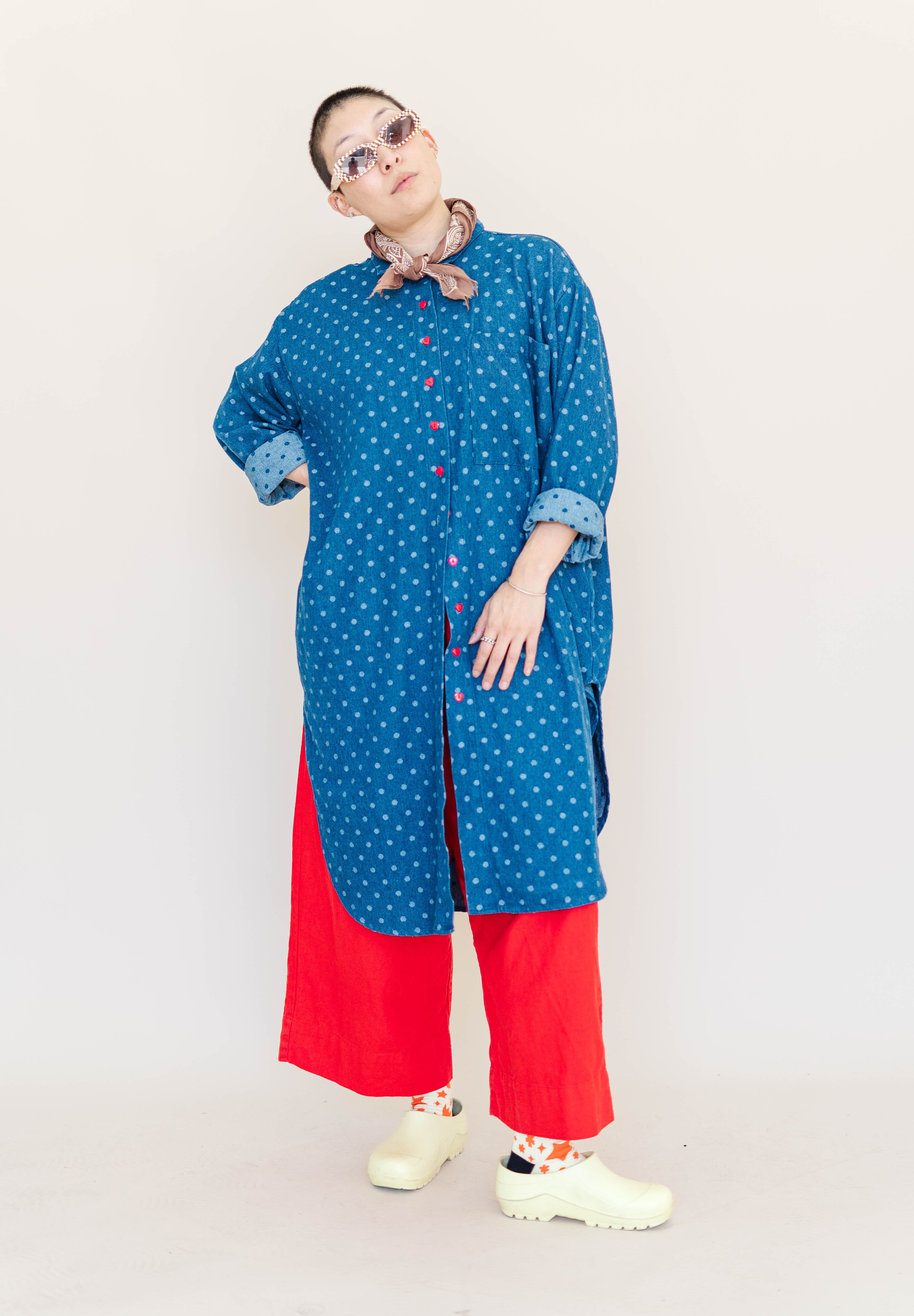 POLKA DOT DENIM SOFT VOLUME SHIRT DRESS