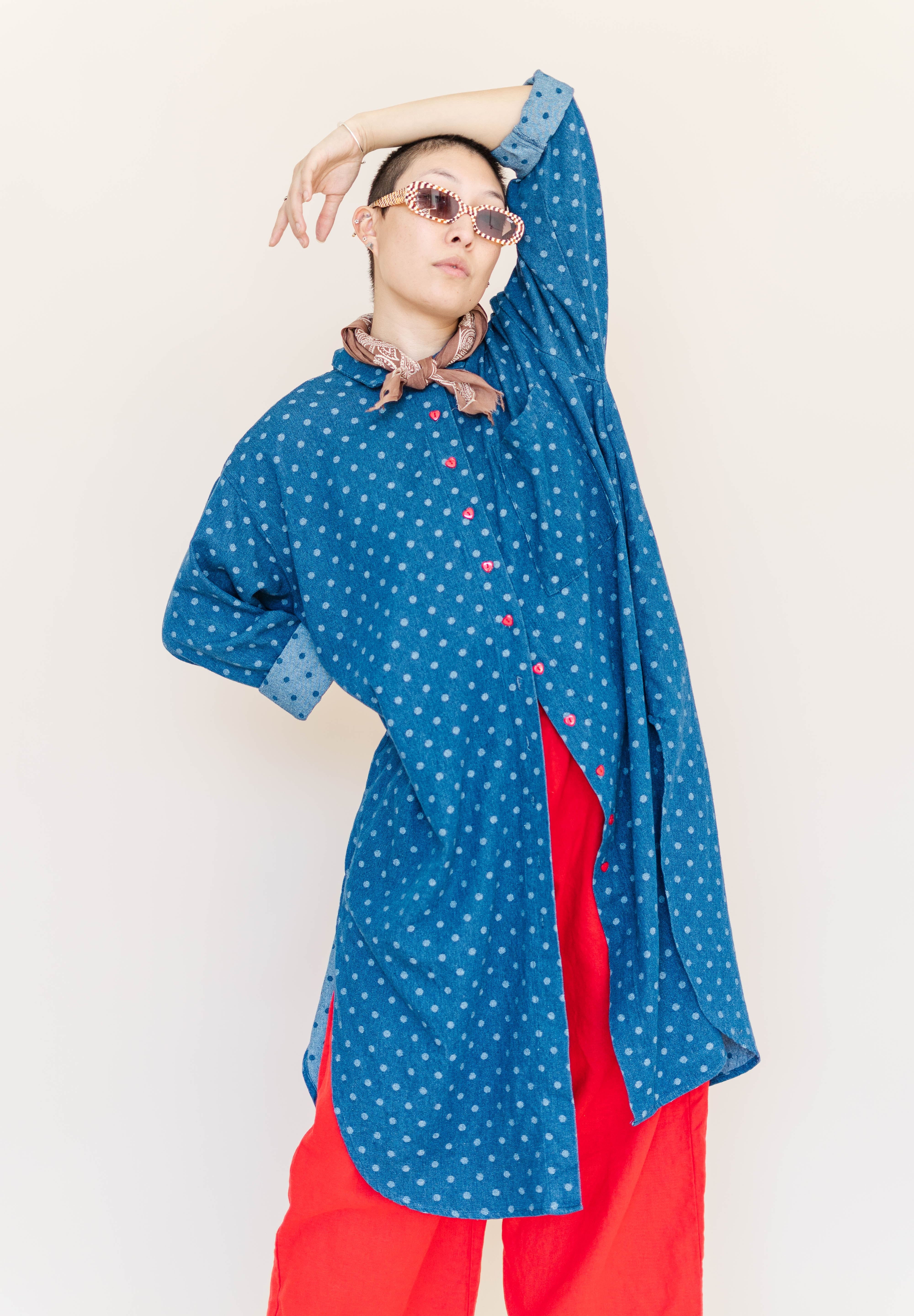 POLKA DOT DENIM SOFT VOLUME SHIRT DRESS