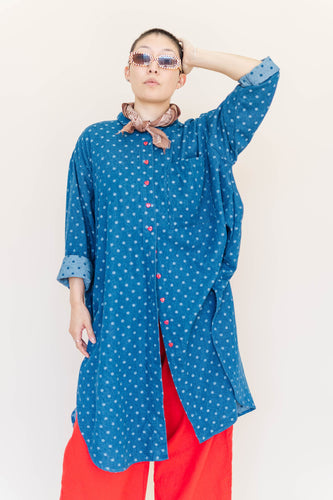 Polka Dot Denim Soft Volume Shirt Dress