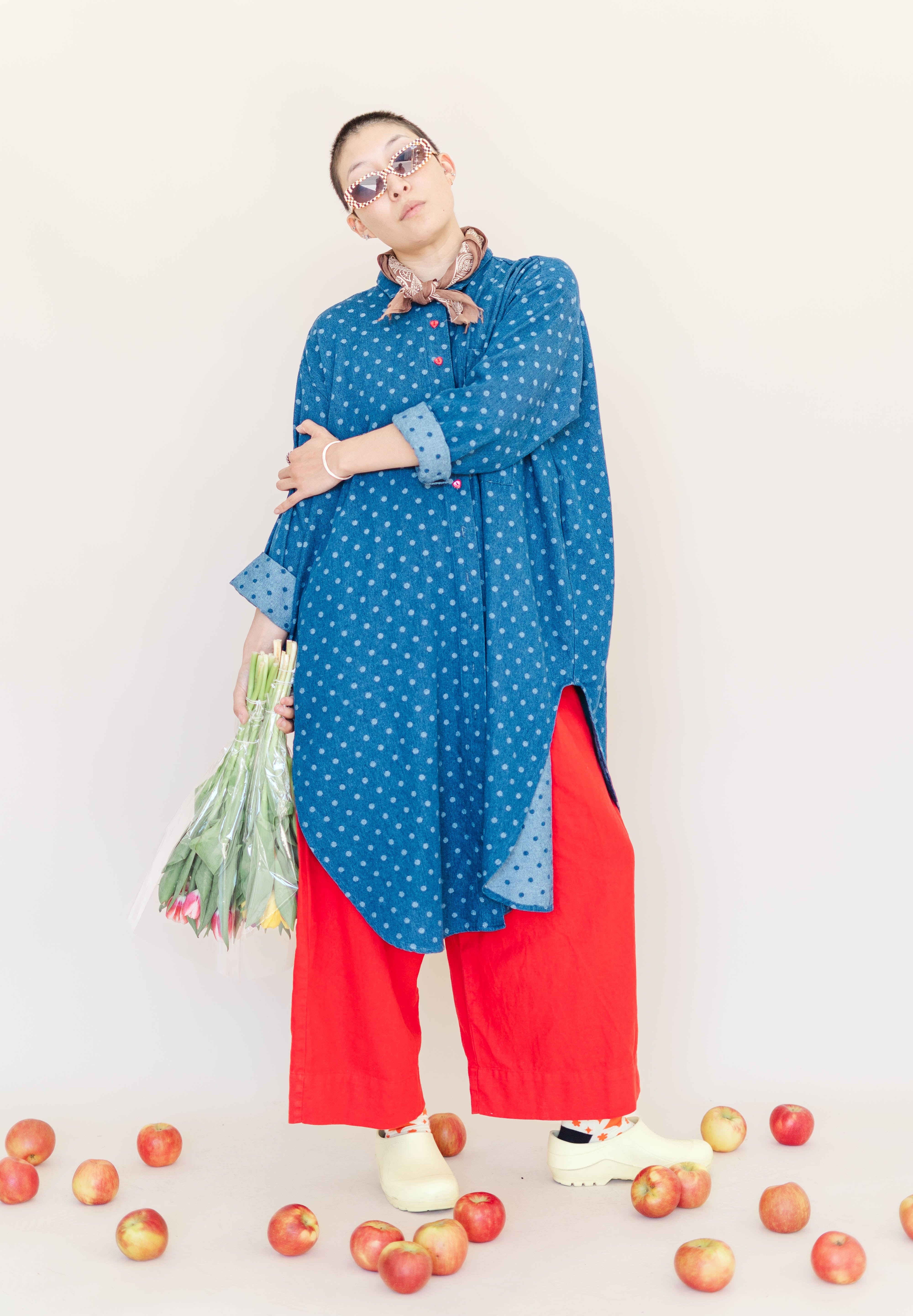POLKA DOT DENIM SOFT VOLUME SHIRT DRESS