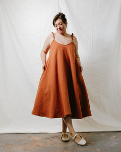 Soft Volume Maxi Dress in Rust Linen