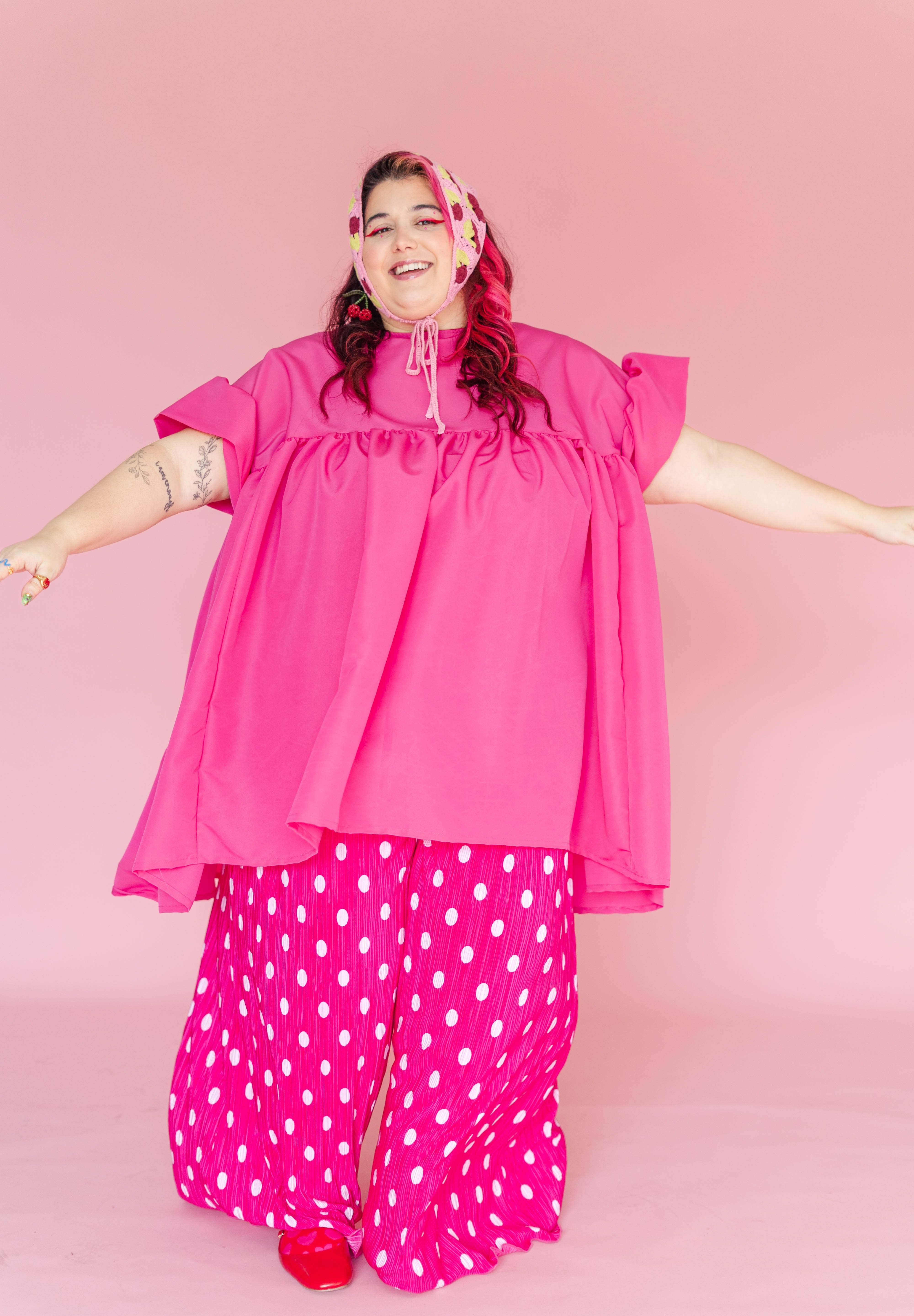 Pink Polka Dot Pleated Flare Pant
