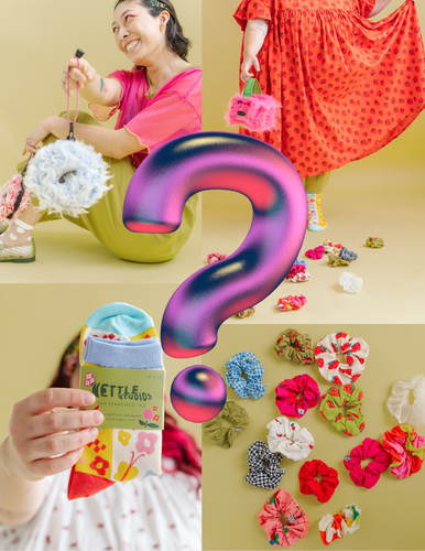mix of images with scrunchies, bags, socks, and a big holographic question mark
