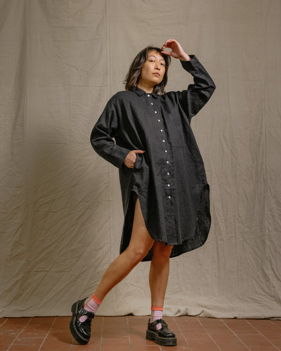Soft Volume Shirt Dress in Black Linen (RTS)