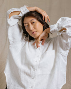 Soft Volume Long Sleeve Top in White Linen