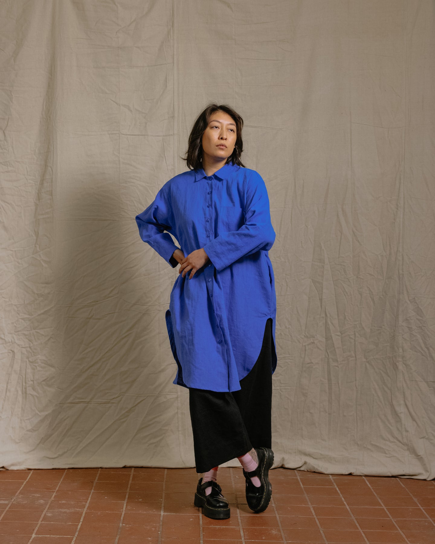 Soft Volume Shirt Dress in Cobalt Linen