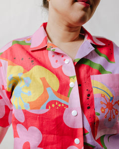 Boxy Collared Top in Tutti Frutti Linen (RTS)